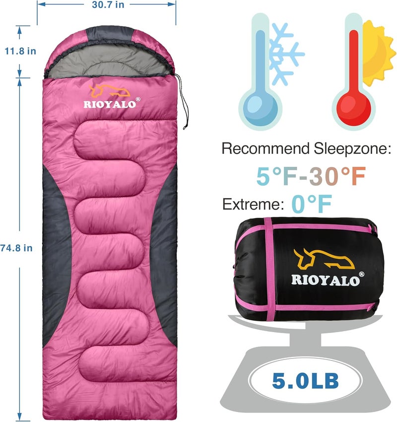 rioyalo 0 Degree Winter Sleeping Bags for Adults Camping (450GSM) - Temp Range (5F–32F) Portable Waterproof Compression Sack- Camping Sleeping Bags for Big and Tall in Env Hoodie: Backpacking Hiking 4 Season - Image 2